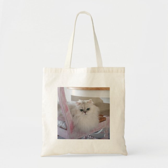 White Persian Cat on a Pink Chair Tote Bag (Front)