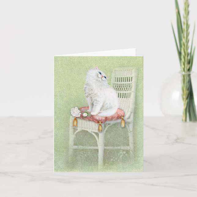 White Persian Cat On Chair Pillow Card (Front)