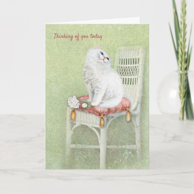white Persian cat on chair thinking of you Card (Front)
