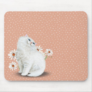 white Persian cat on pin dot pattern Mouse Pad