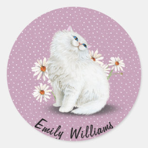 White Persian cat on pin dots Classic Round Sticker