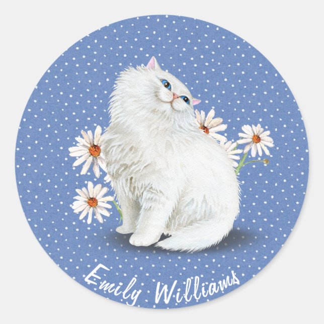 White Persian cat on pin dots Classic Round Sticker (Front)
