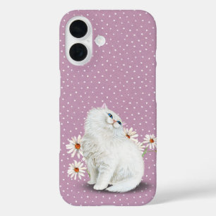 white Persian cat on pink pin dots iPhone 16 Case