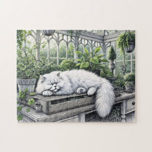 White Persian Cat Resting in a Sunlit Greenhouse Jigsaw Puzzle