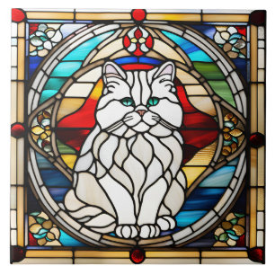 White Persian Cat Stained Glass Decorative Tile