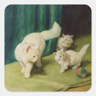 White Persian Cat with Two Kittens Square Sticker