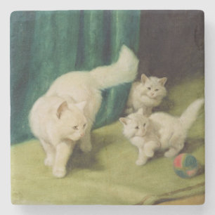 White Persian Cat with Two Kittens Stone Coaster