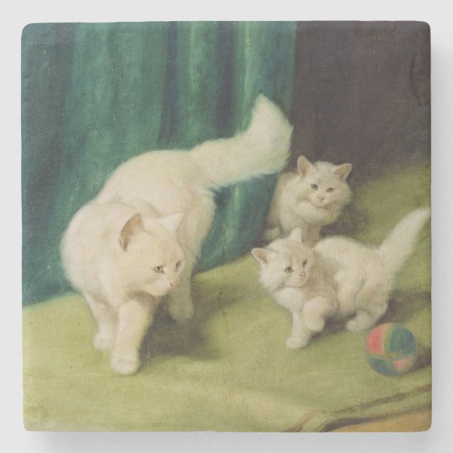 White Persian Cat with Two Kittens Stone Coaster (Front)