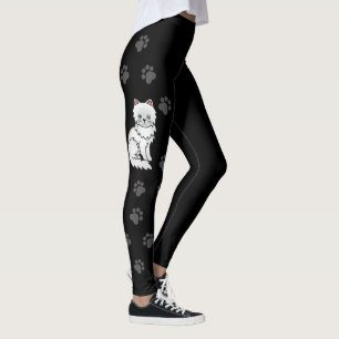 White Persian Cute Cartoon Cat & Paws Black Leggings