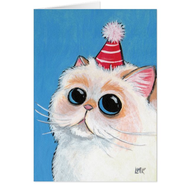 White Persian in a Party Hat - Cat Art Card (Front)