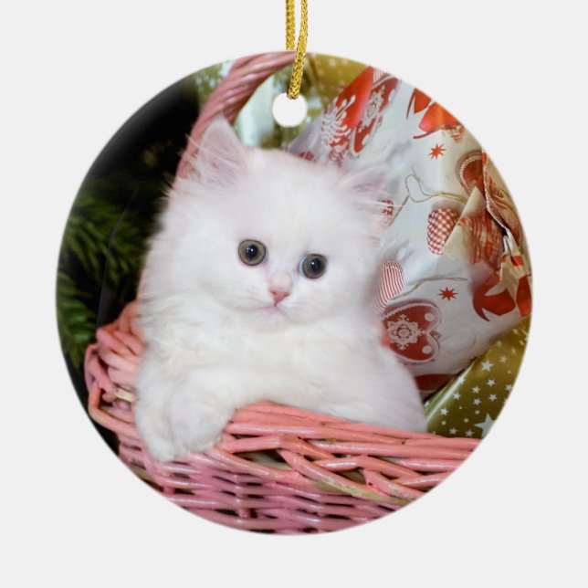 White Persian Kitten Christmas Ceramic Ornament (Front)