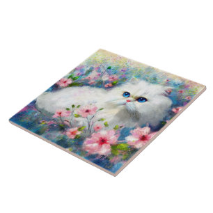 White Persian Kitty Cat Blue Eyes in Pink Flowers Ceramic Tile