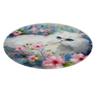 White Persian Kitty Cat Blue Eyes in Pink Flowers Cutting Board