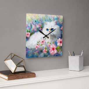 White Persian Kitty Cat Blue Eyes in Pink Flowers Square Wall Clock