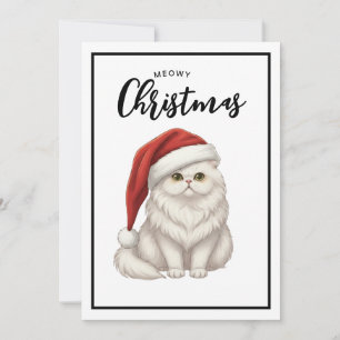 White Persian Kitty Cat " Meowy Christmas " Holiday Card