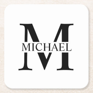 White Personalised Monogram and Name Square Paper Coaster