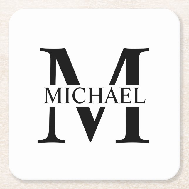 White Personalised Monogram and Name Square Paper Coaster (Front)