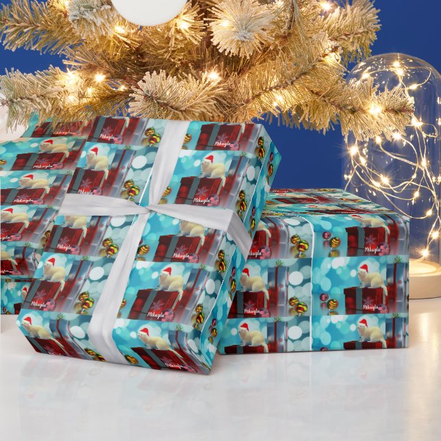 White Pet Ferret in Santa Hat  Wrapping Paper (Holidays)
