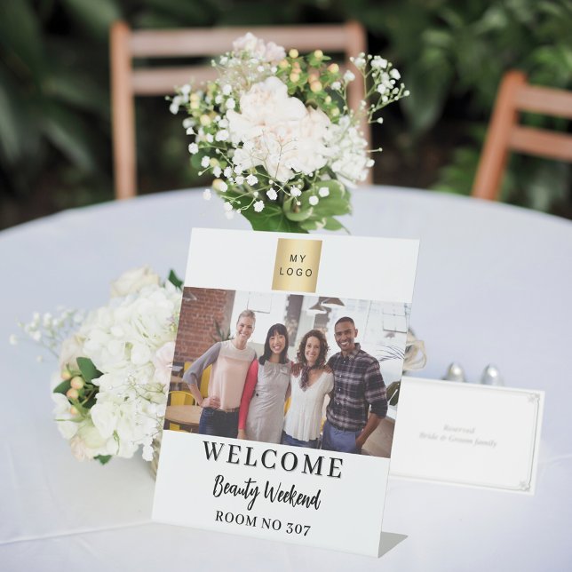 White photo business logo seminar welcome pedestal sign (Creator Uploaded)