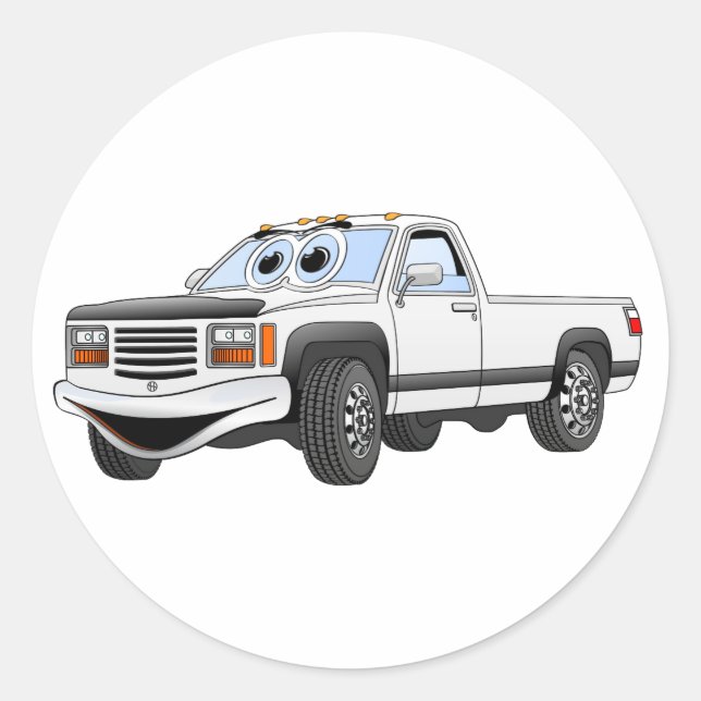 White Pick Up Truck Cartoon Classic Round Sticker (Front)