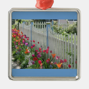 White Picket Fence With Tulips holiday ornament