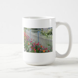 White Picket Fence With Tulips mug