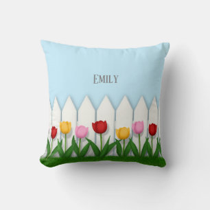 White Picket Fence With Tulips Personalised Cushion