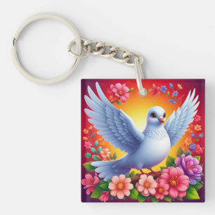 🕊️ White Pigeon Floral Nature Design Calm Style Key Ring