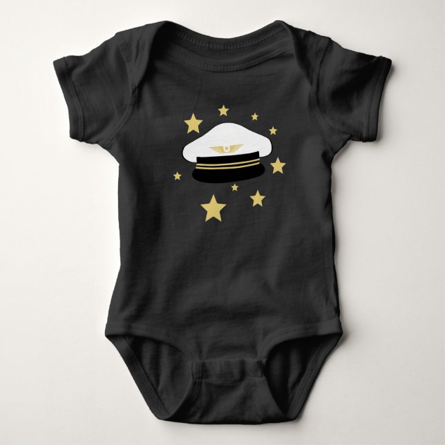 White pilot hat, gold stars, flight aviator T-Shir Baby Bodysuit (Front)
