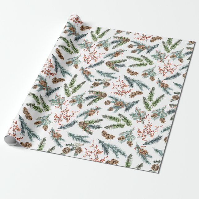 White Pine Blue Spruce Cones & Red Ilex Berries Wrapping Paper (Unrolled)