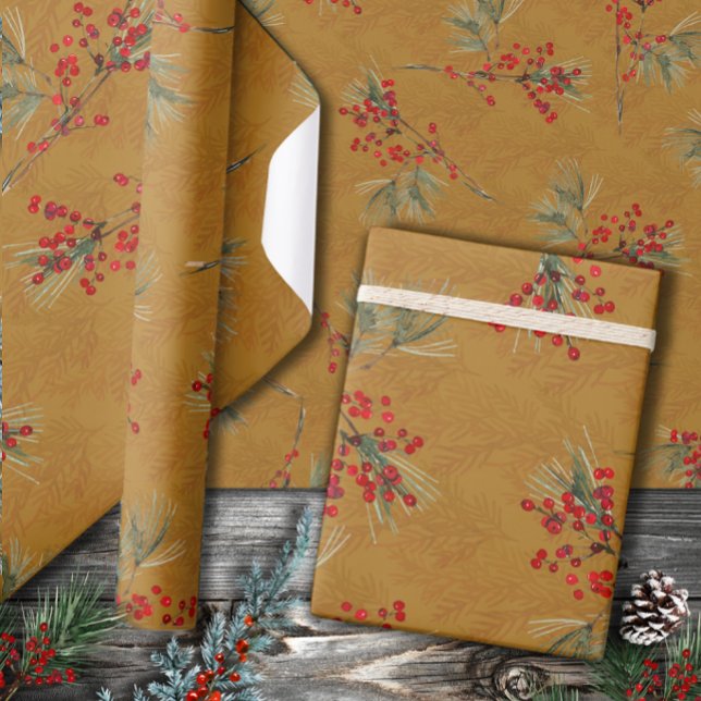 White Pine Branch Red Ilex Berries Gold Wrapping Paper (Creator Uploaded)