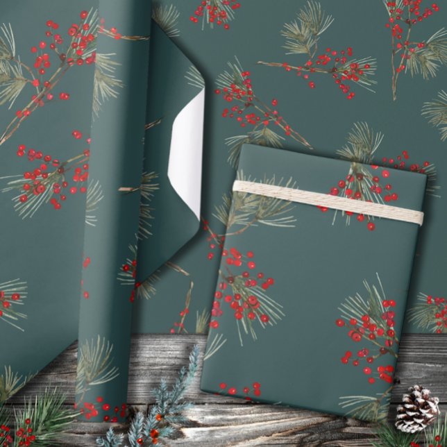 White Pine Branch Red Ilex Berries Slate Green Wrapping Paper (Creator Uploaded)