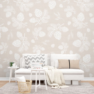 White Pine Cone Beige Pattern Peel and Stick Wallpaper