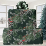 White Pine Cones Silver Spruce Red Berries Garland Wrapping Paper<br><div class="desc">An elegant and sophisticated holiday wrapping paper featuring white pine mixed with silver spruce tree branches with white pine cones and red ilex berries laden garlands on the diagonal against a deep pine green background.</div>