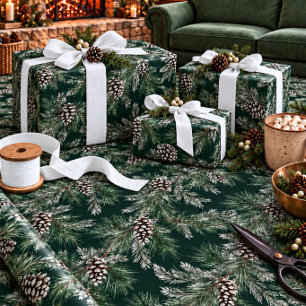 White Pine Cones Silver Spruce Tree Garland Green Wrapping Paper