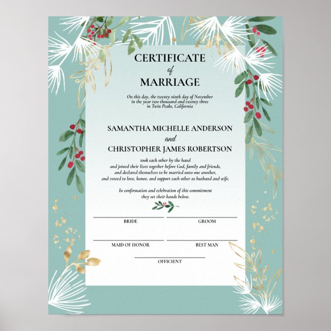 White Pine Holly Winter Certificate of Marriage Poster (Front)