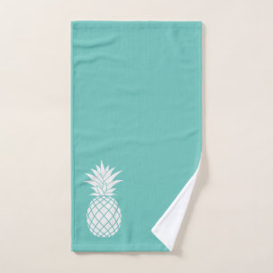 White Pineapple on Teal Hand Towel