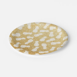 white pineapple pattern on gold glitter paper plate