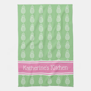 White Pineapples on Green with Pink Stripe Tea Towel