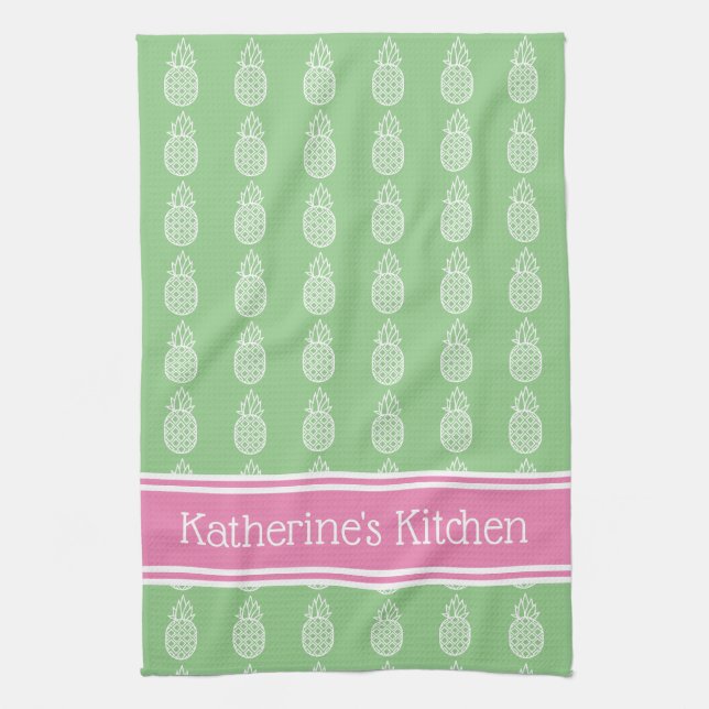 White Pineapples on Green with Pink Stripe Tea Towel (Vertical)