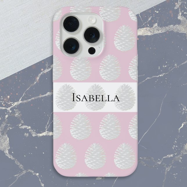 White Pinecones Pattern Pink Frost Personalized iPhone Case (A personalized phone case with festive pattern of pine cones on a pink background)
