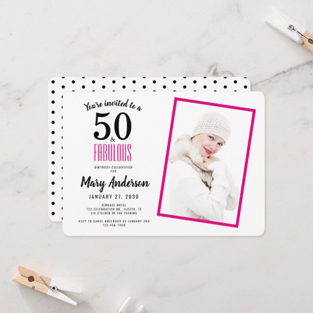 White Pink 50 and Fabulous 50th Birthday Party Invitation (Front/Back In Situ)