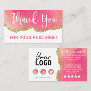 White Pink Agate Gold Glitter Thank You Purchase Business Card