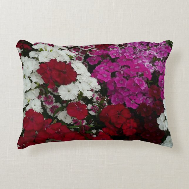 White, Pink and Red Dianthus Floral Decorative Cushion (Front)