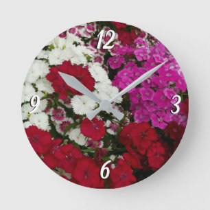 White, Pink and Red Dianthus Floral Round Clock