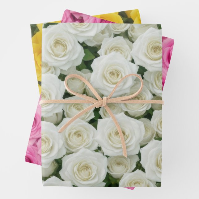 White, Pink and Yellow Roses Wrapping Paper Sheet (In situ)
