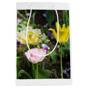 White, pink and yellow tulips in the garden medium gift bag