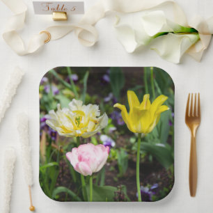White, pink and yellow tulips in the garden paper plate