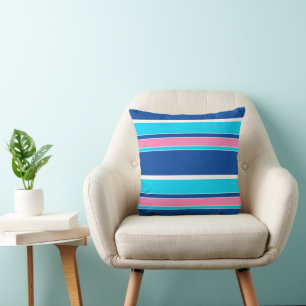 White Pink Aqua Turquoise Blue Stripes Pattern Cushion