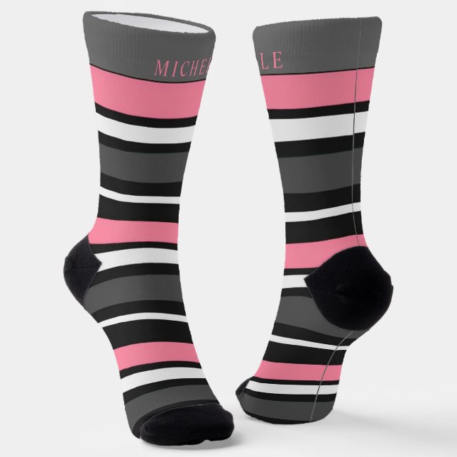 White Pink Black Grey Striped For Custom Name  Socks (Angled)